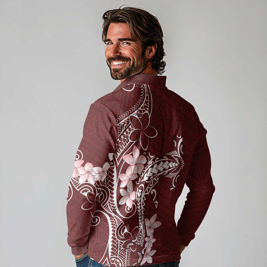 Oxblood Hawaii Long Sleeve Polo Shirt Hammerhead Shark Tattoo Curve Polynesian - Polynesian Pride