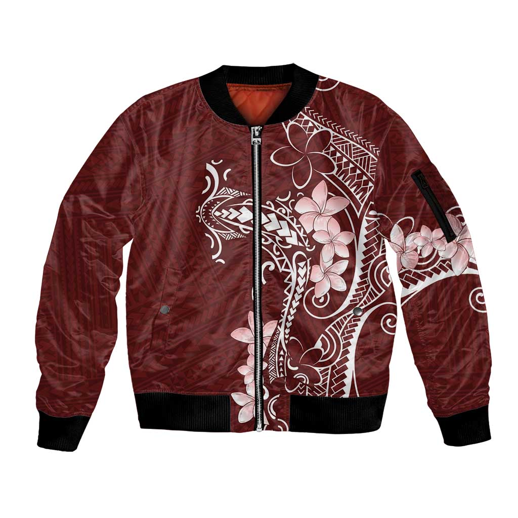 Oxblood Hawaii Sleeve Zip Bomber Jacket Hammerhead Shark Tattoo Curve Polynesian - Polynesian Pride
