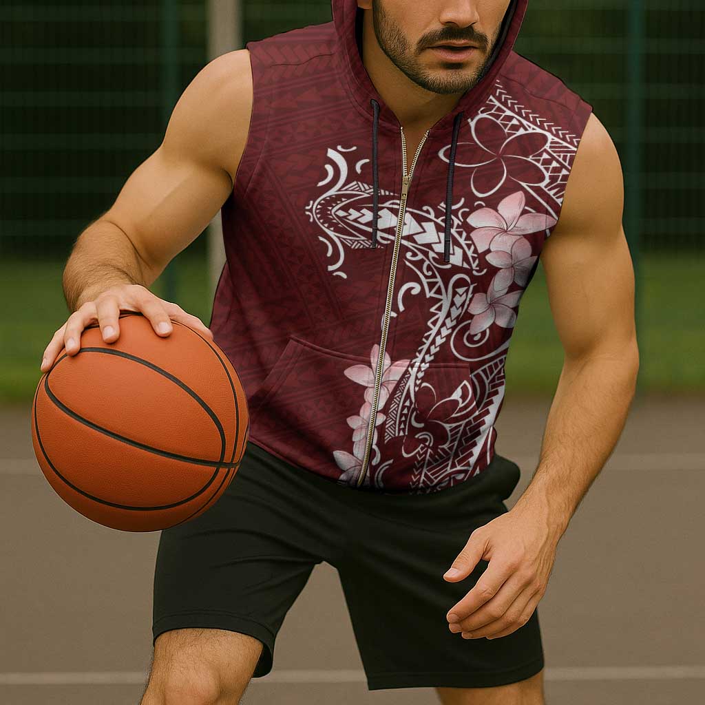 Oxblood Hawaii Sleeveless Zip Hoodie Hammerhead Shark Tattoo Curve Polynesian - Polynesian Pride