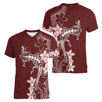 Oxblood Hawaii Women V-Neck T-Shirt Hammerhead Shark Tattoo Curve Polynesian - Polynesian Pride