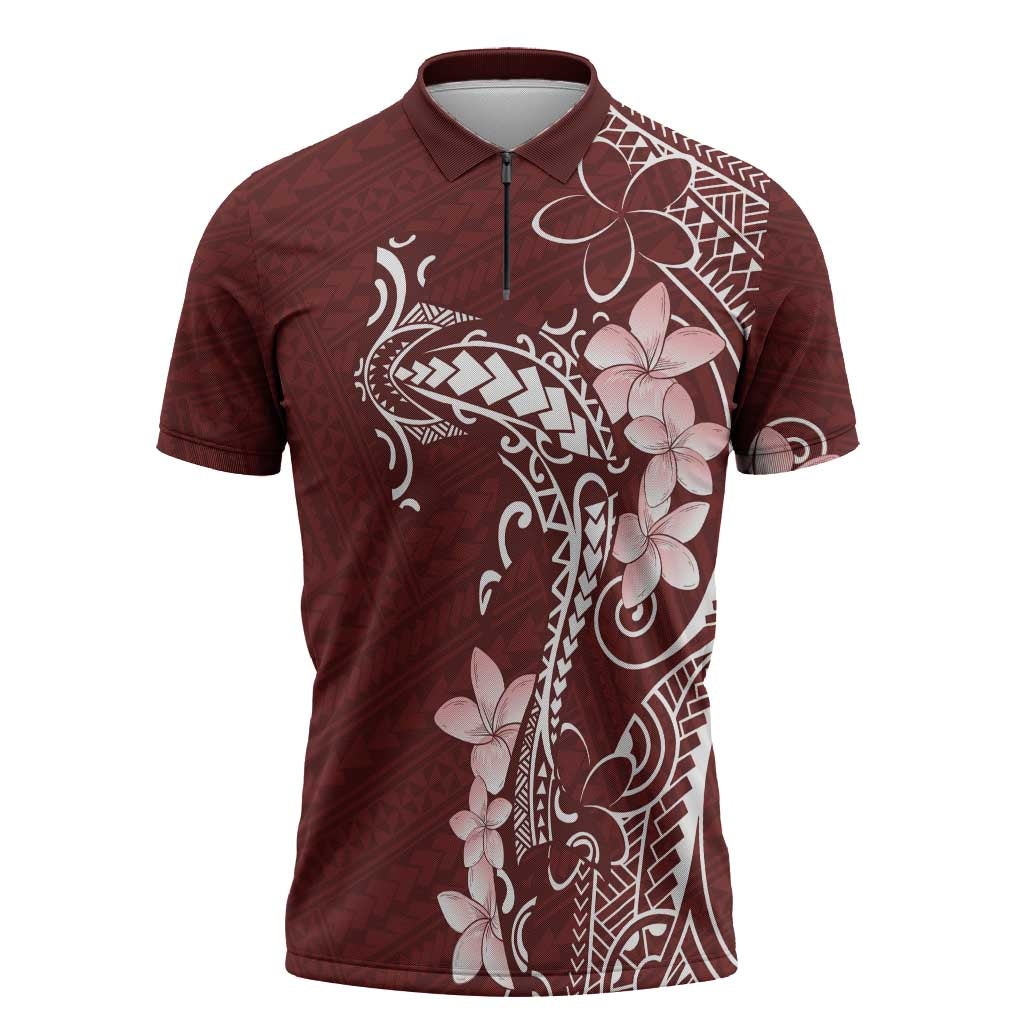 Oxblood Hawaii Zipper Polo Shirt Hammerhead Shark Tattoo Curve Polynesian - Polynesian Pride