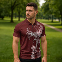 Oxblood Hawaii Zipper Polo Shirt Hammerhead Shark Tattoo Curve Polynesian - Polynesian Pride