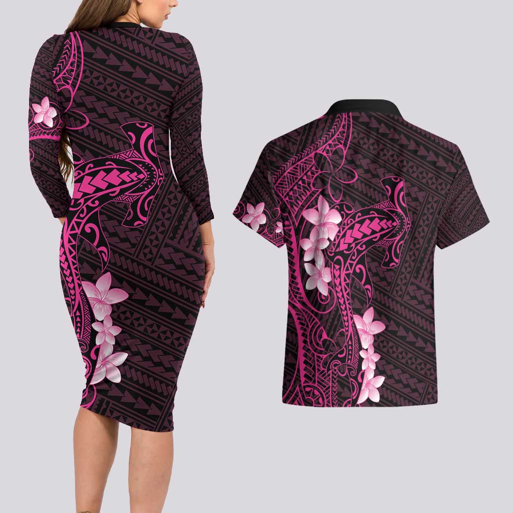 Pink Hawaii Couples Matching Long Sleeve Bodycon Dress and Hawaiian Shirt Hammerhead Shark Tattoo Curve Polynesian - Polynesian Pride