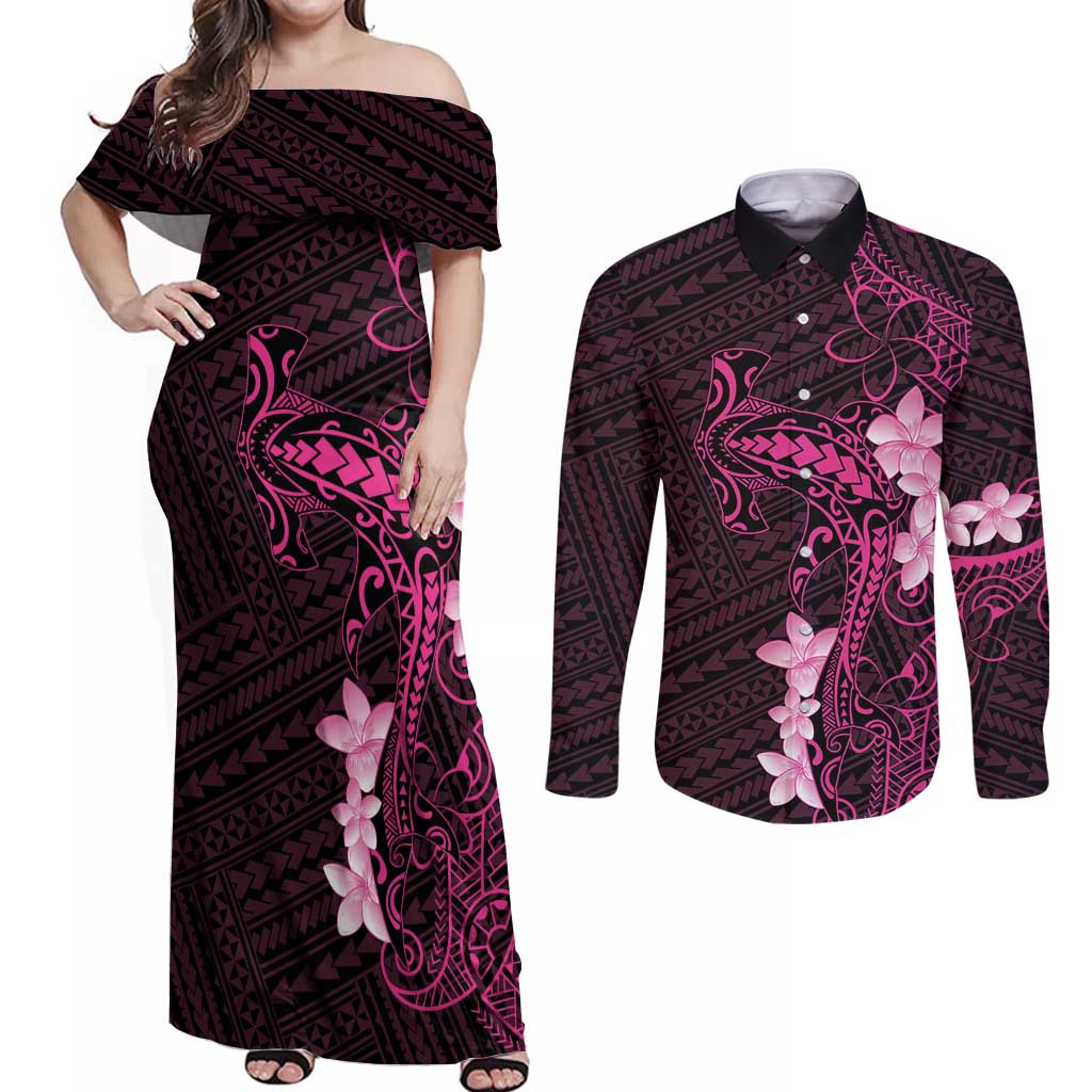 Pink Hawaii Couples Matching Off Shoulder Maxi Dress and Long Sleeve Button Shirt Hammerhead Shark Tattoo Curve Polynesian - Polynesian Pride
