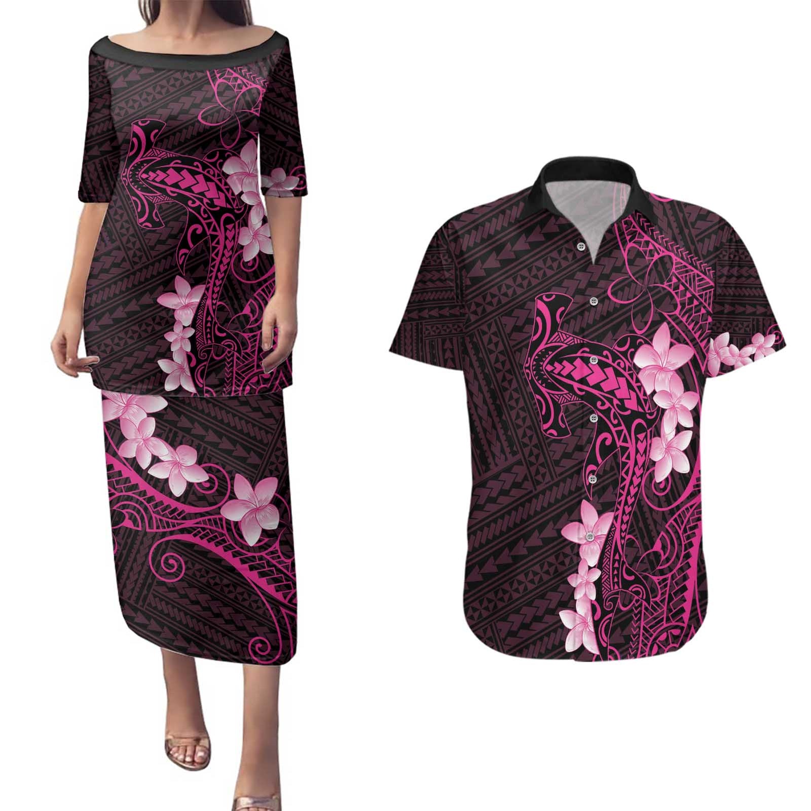Pink Hawaii Couples Matching Puletasi and Hawaiian Shirt Hammerhead Shark Tattoo Curve Polynesian LT14 Pink - Polynesian Pride