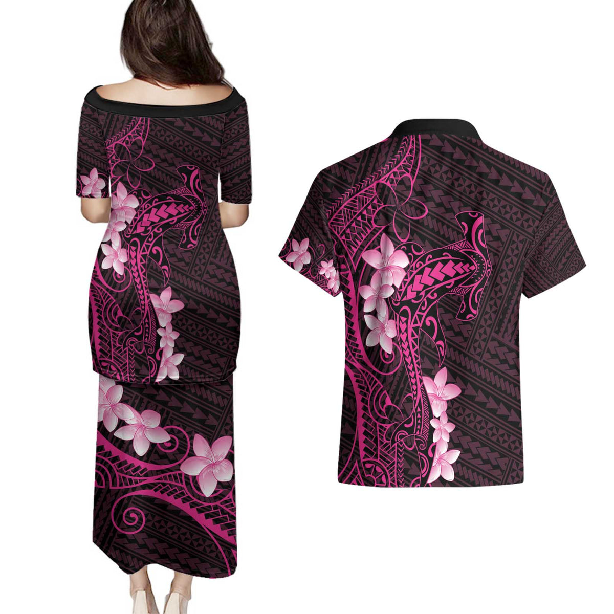Pink Hawaii Couples Matching Puletasi and Hawaiian Shirt Hammerhead Shark Tattoo Curve Polynesian LT14 - Polynesian Pride
