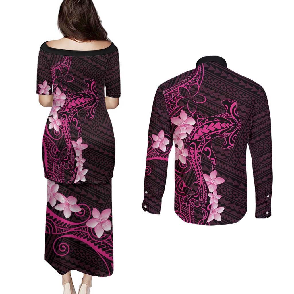 Pink Hawaii Couples Matching Puletasi and Long Sleeve Button Shirt Hammerhead Shark Tattoo Curve Polynesian - Polynesian Pride