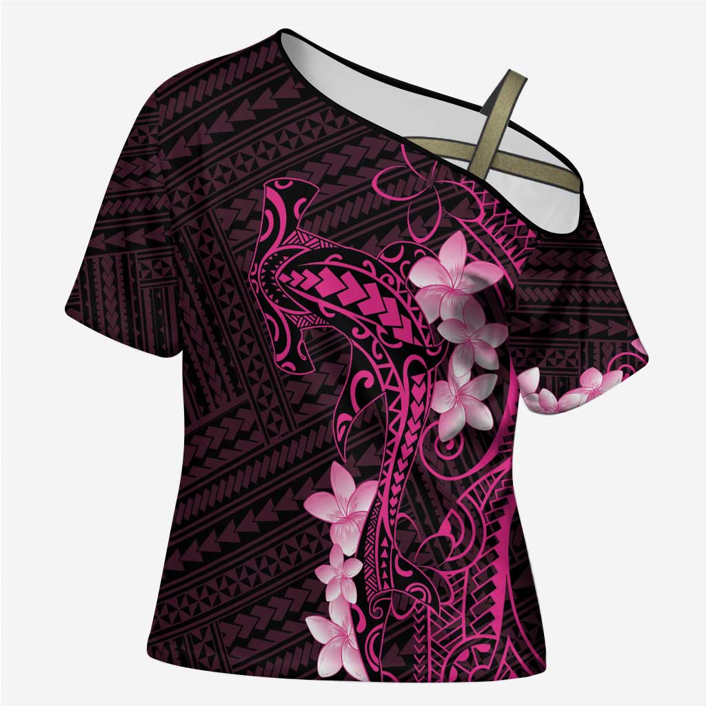 Pink Hawaii Cross Shoulder Shirt Hammerhead Shark Tattoo Curve Polynesian - Polynesian Pride