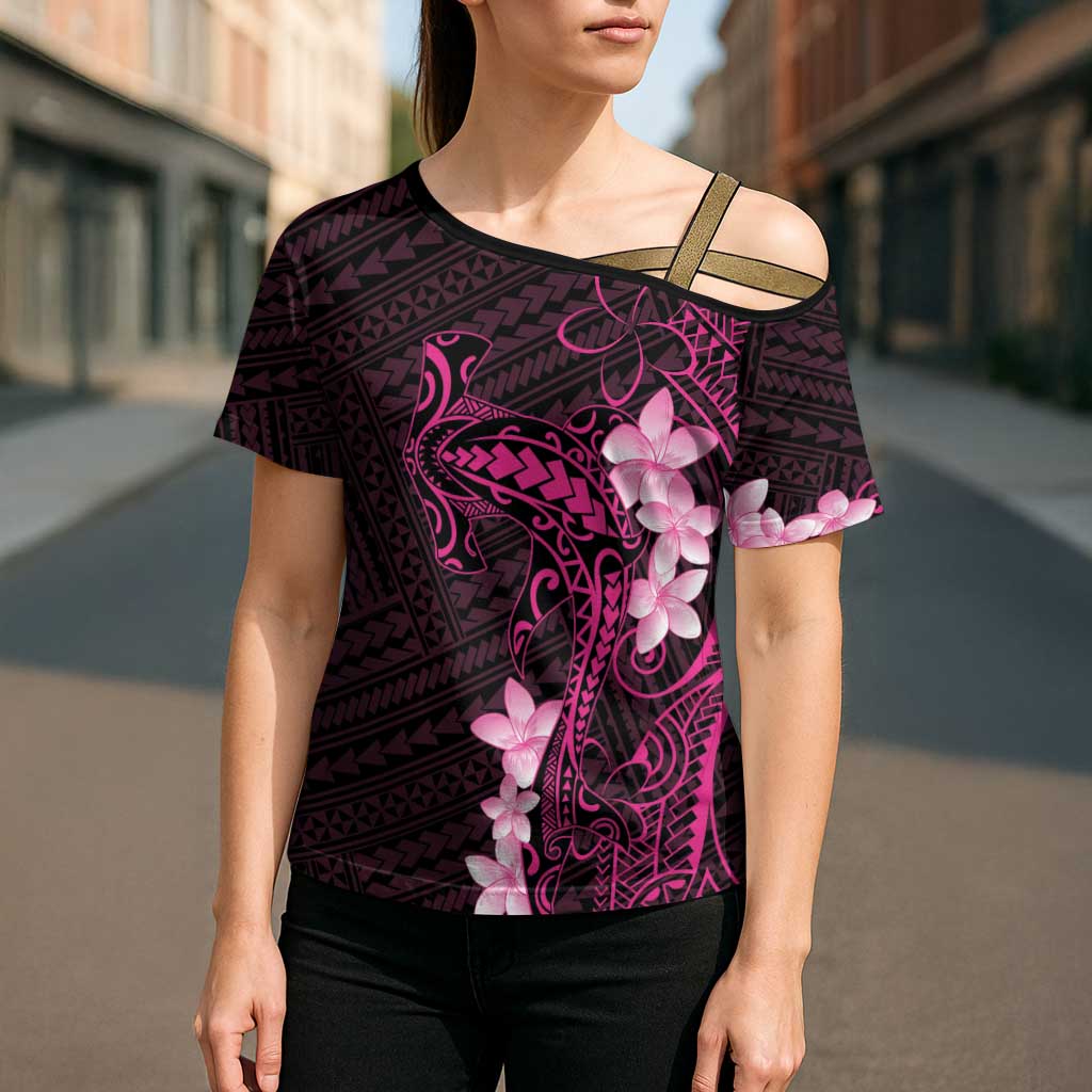 Pink Hawaii Cross Shoulder Shirt Hammerhead Shark Tattoo Curve Polynesian - Polynesian Pride