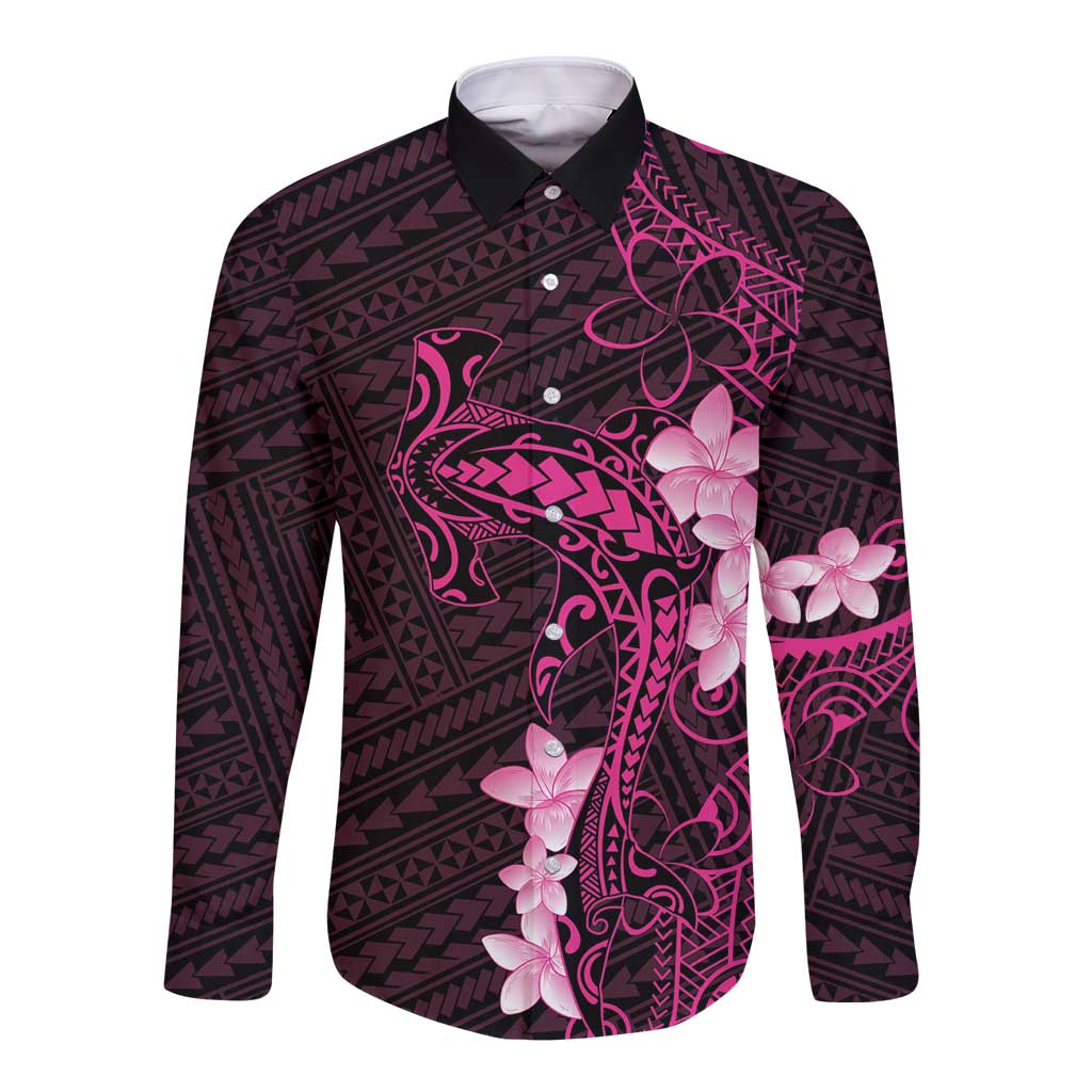 Pink Hawaii Long Sleeve Button Shirt Hammerhead Shark Tattoo Curve Polynesian - Polynesian Pride