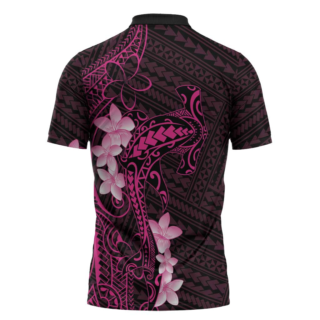 Pink Hawaii Zipper Polo Shirt Hammerhead Shark Tattoo Curve Polynesian - Polynesian Pride