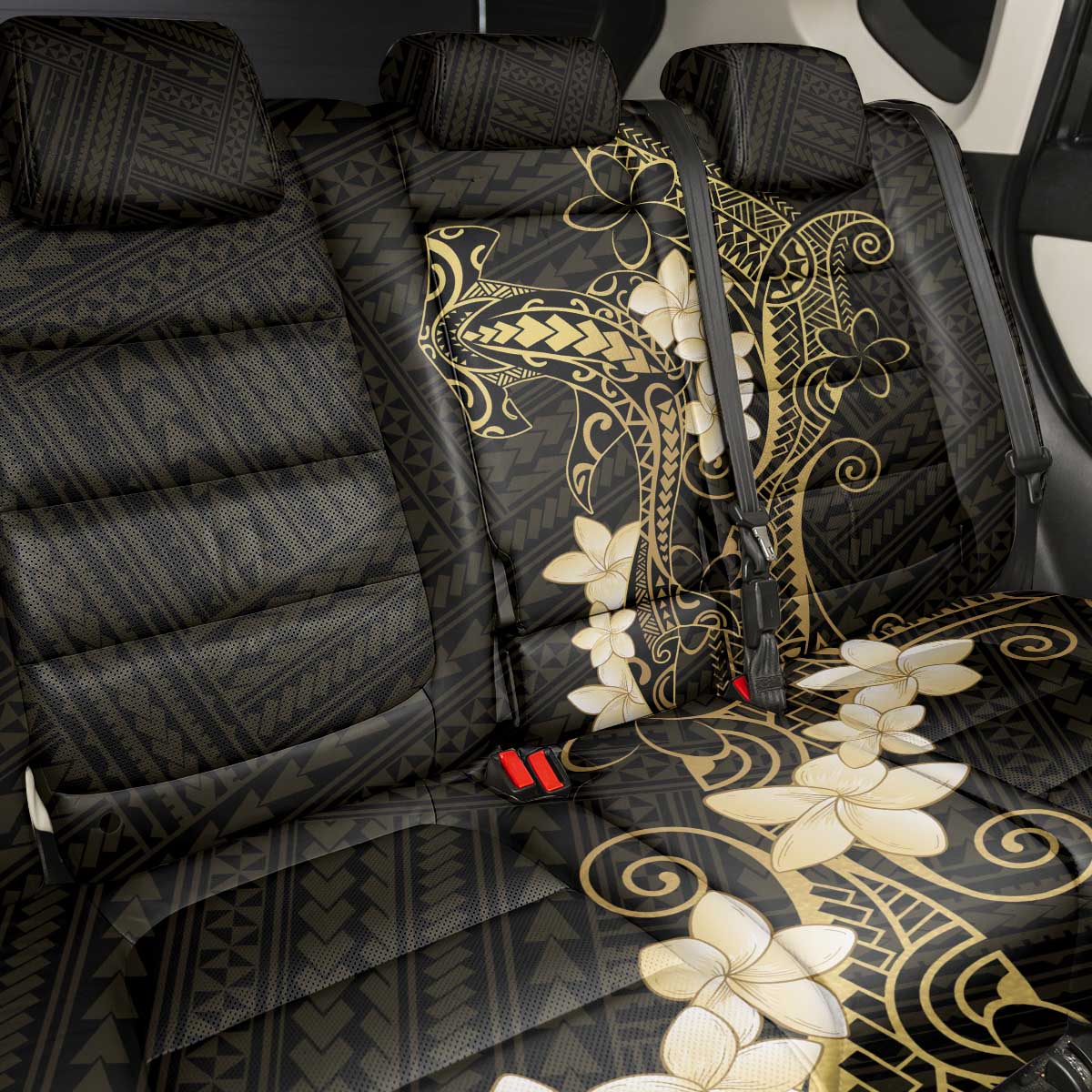 Black and Gold Hawaii Back Car Seat Cover Hammerhead Shark Tattoo Curve Polynesian - Polynesian Pride