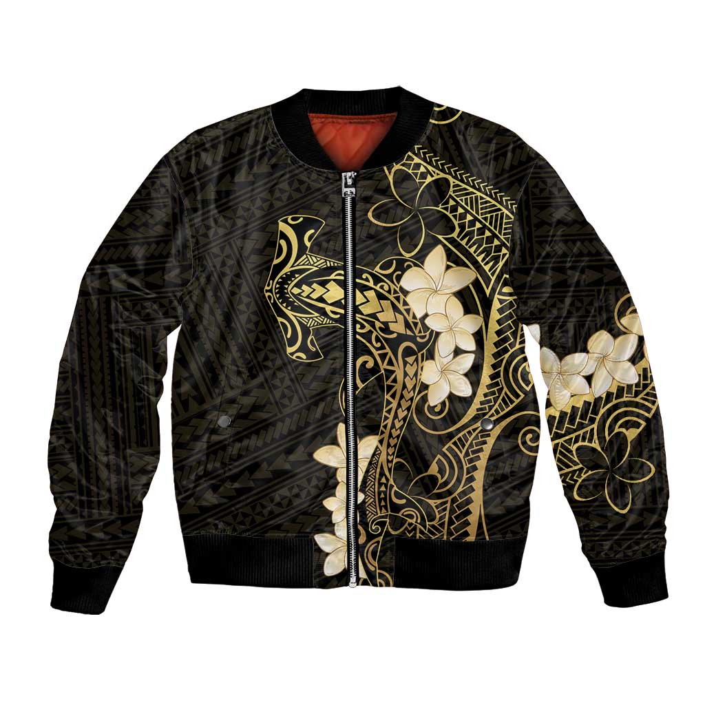 Black and Gold Hawaii Bomber Jacket Hammerhead Shark Tattoo Curve Polynesian - Polynesian Pride