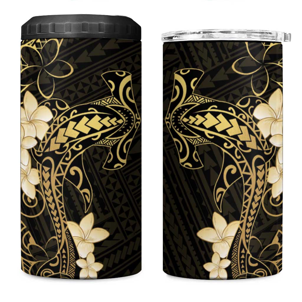 Black and Gold Hawaii 4 in 1 Can Cooler Tumbler Hammerhead Shark Tattoo Curve Polynesian - Polynesian Pride