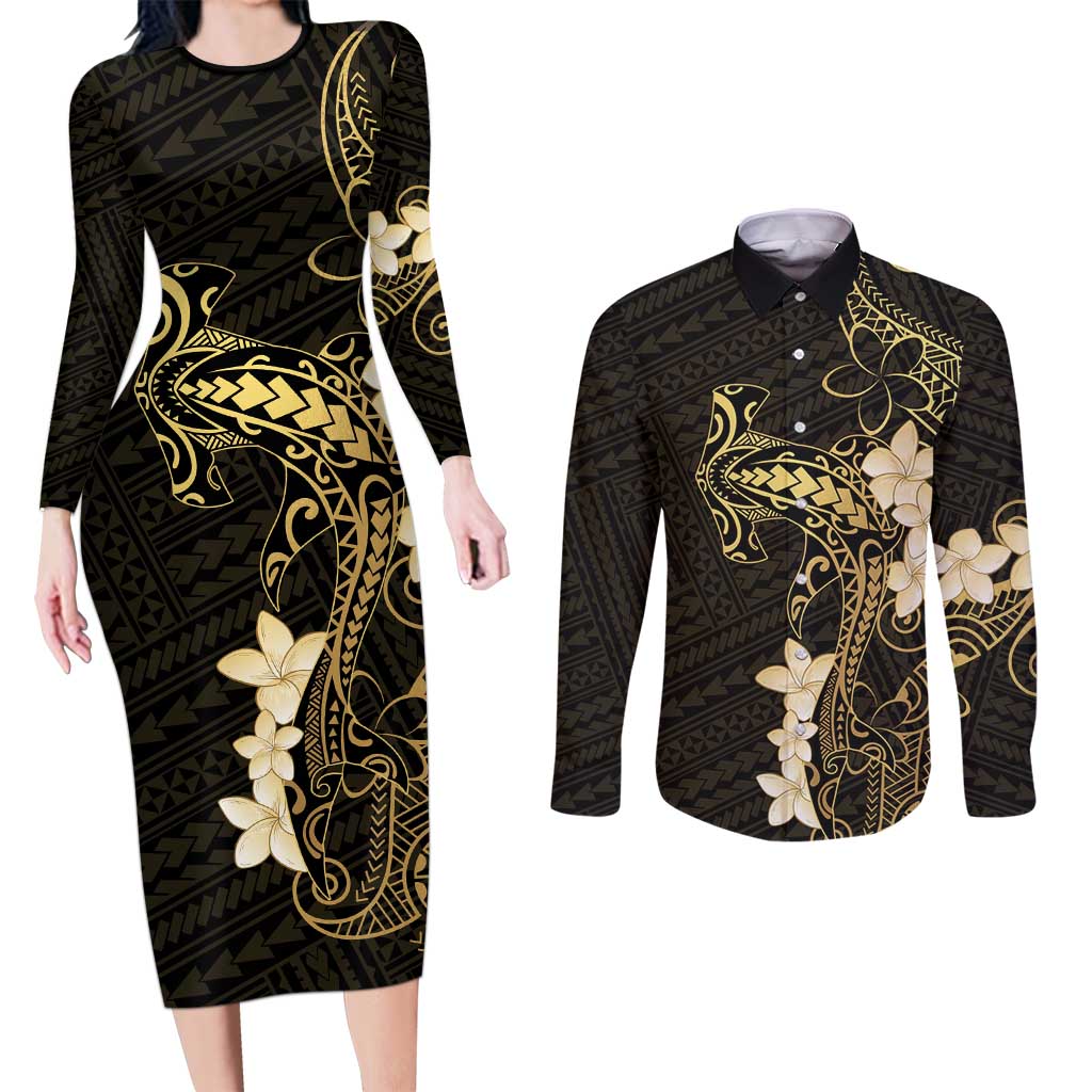 Black and Gold Hawaii Couples Matching Long Sleeve Bodycon Dress and Long Sleeve Button Shirt Hammerhead Shark Tattoo Curve Polynesian - Polynesian Pride