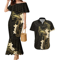 Black and Gold Hawaii Couples Matching Mermaid Dress and Hawaiian Shirt Hammerhead Shark Tattoo Curve Polynesian - Polynesian Pride