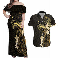 Black and Gold Hawaii Couples Matching Off Shoulder Maxi Dress and Hawaiian Shirt Hammerhead Shark Tattoo Curve Polynesian - Polynesian Pride