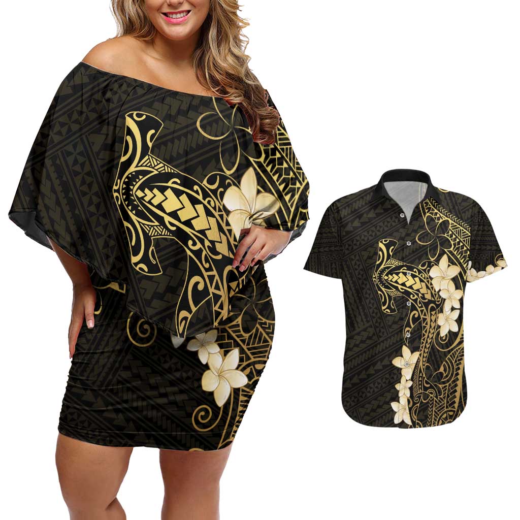 Black and Gold Hawaii Couples Matching Off Shoulder Short Dress and Hawaiian Shirt Hammerhead Shark Tattoo Curve Polynesian - Polynesian Pride