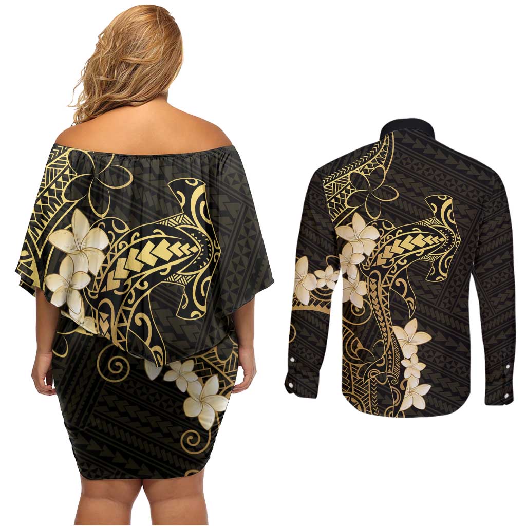 Black and Gold Hawaii Couples Matching Off Shoulder Short Dress and Long Sleeve Button Shirt Hammerhead Shark Tattoo Curve Polynesian - Polynesian Pride