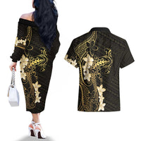 Black and Gold Hawaii Couples Matching Off The Shoulder Long Sleeve Dress and Hawaiian Shirt Hammerhead Shark Tattoo Curve Polynesian - Polynesian Pride