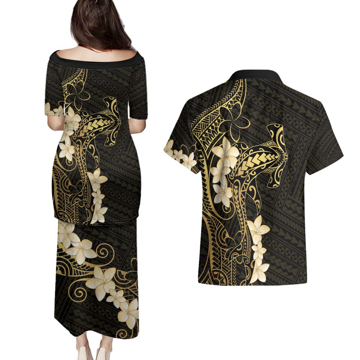 Black and Gold Hawaii Couples Matching Puletasi and Hawaiian Shirt Hammerhead Shark Tattoo Curve Polynesian - Polynesian Pride