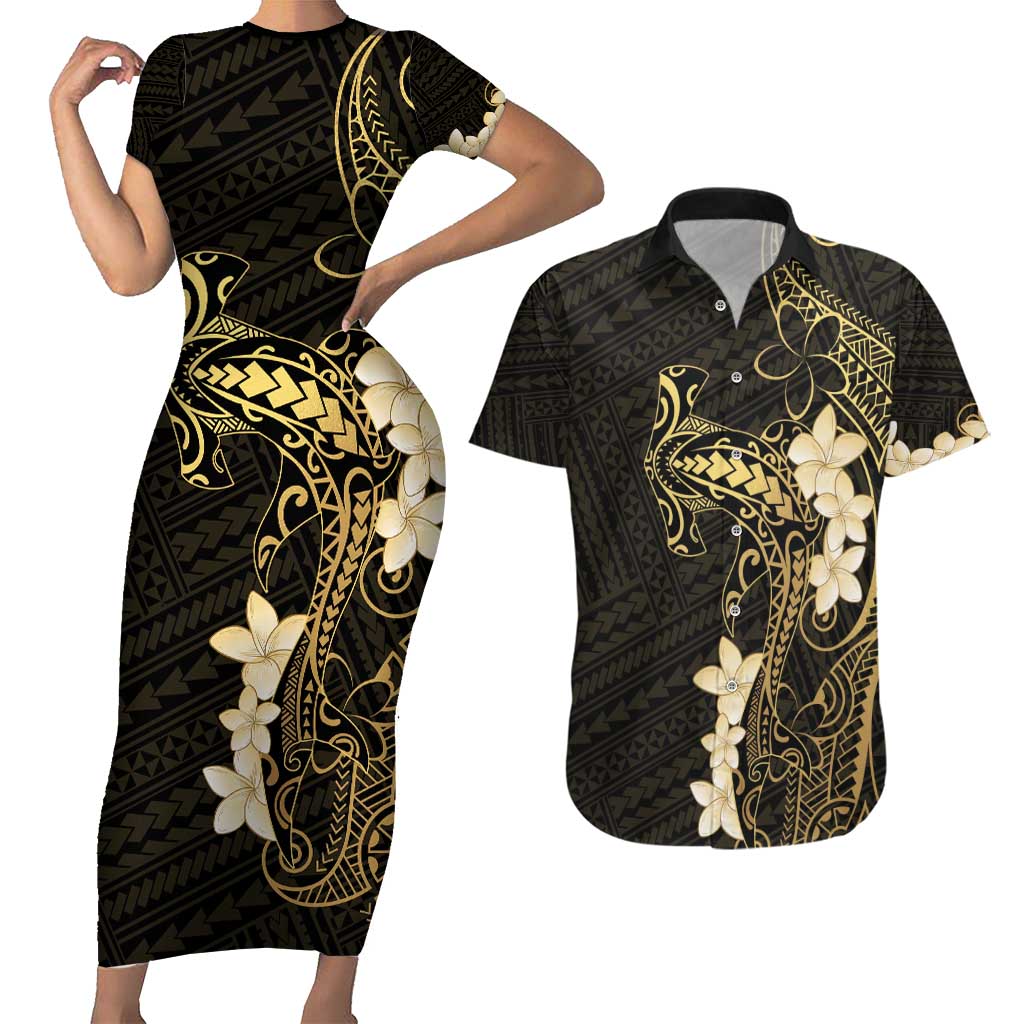 Black and Gold Hawaii Couples Matching Short Sleeve Bodycon Dress and Hawaiian Shirt Hammerhead Shark Tattoo Curve Polynesian - Polynesian Pride