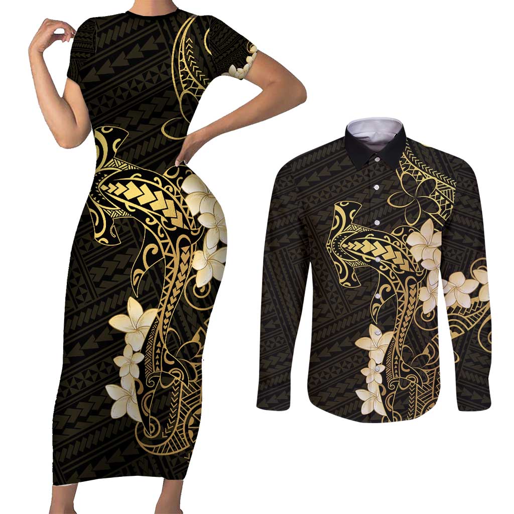 Black and Gold Hawaii Couples Matching Short Sleeve Bodycon Dress and Long Sleeve Button Shirt Hammerhead Shark Tattoo Curve Polynesian - Polynesian Pride