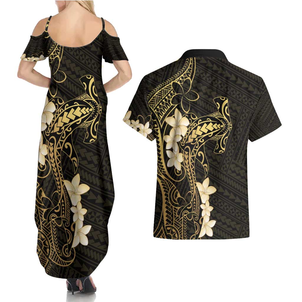 Black and Gold Hawaii Couples Matching Summer Maxi Dress and Hawaiian Shirt Hammerhead Shark Tattoo Curve Polynesian - Polynesian Pride