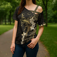 Black and Gold Hawaii Cross Shoulder Shirt Hammerhead Shark Tattoo Curve Polynesian - Polynesian Pride