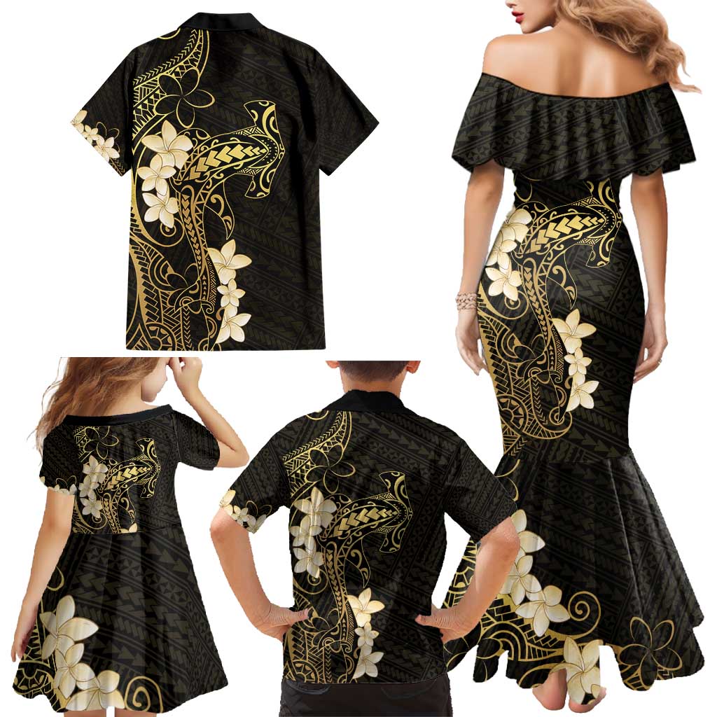 Black and Gold Hawaii Family Matching Mermaid Dress and Hawaiian Shirt Hammerhead Shark Tattoo Curve Polynesian - Polynesian Pride