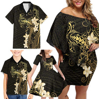 Black and Gold Hawaii Family Matching Off Shoulder Short Dress and Hawaiian Shirt Hammerhead Shark Tattoo Curve Polynesian - Polynesian Pride