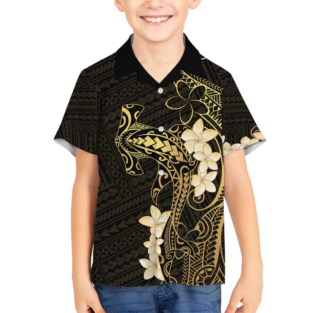 Black and Gold Hawaii Family Matching Off Shoulder Short Dress and Hawaiian Shirt Hammerhead Shark Tattoo Curve Polynesian - Polynesian Pride