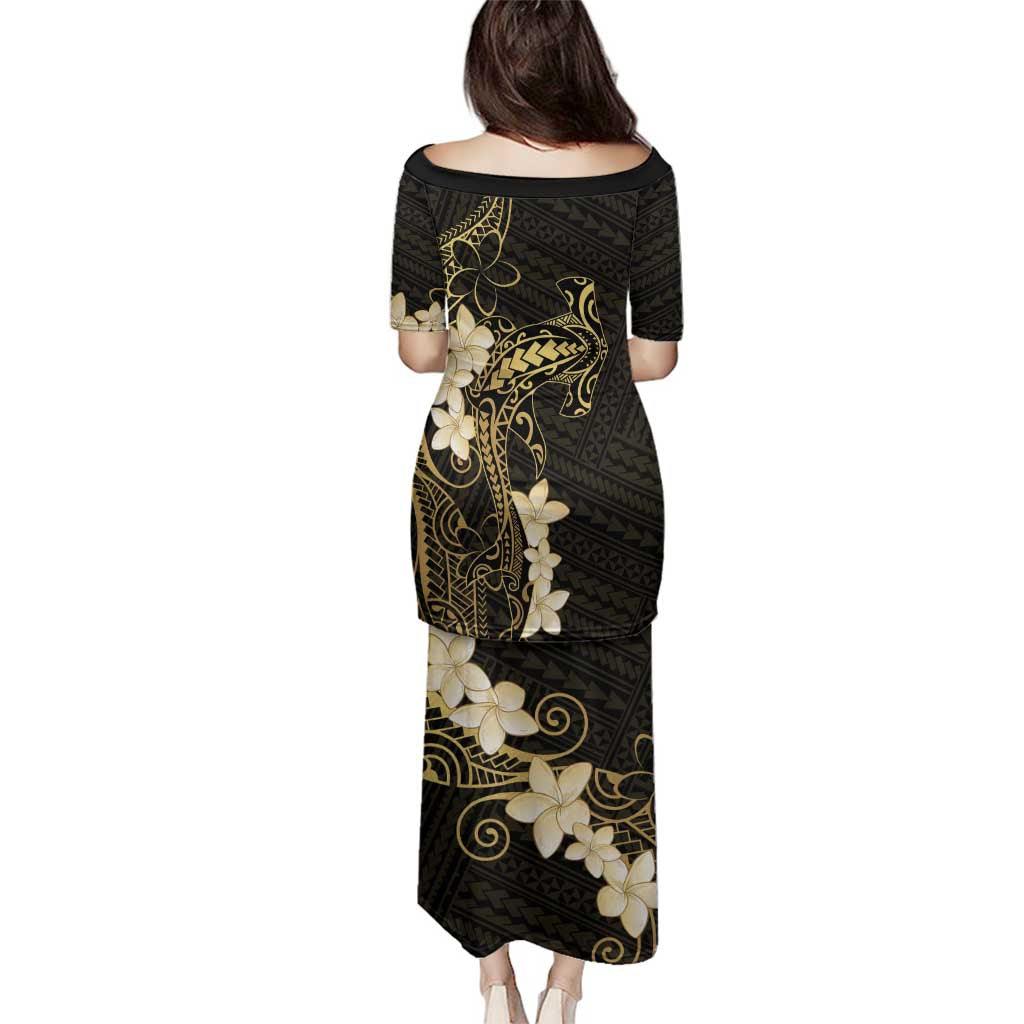 Black and Gold Hawaii Family Matching Puletasi and Hawaiian Shirt Hammerhead Shark Tattoo Curve Polynesian - Polynesian Pride