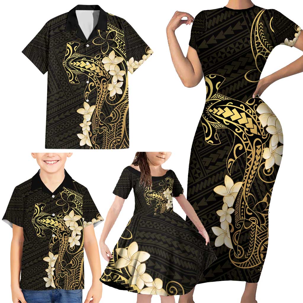 Black and Gold Hawaii Family Matching Short Sleeve Bodycon Dress and Hawaiian Shirt Hammerhead Shark Tattoo Curve Polynesian - Polynesian Pride