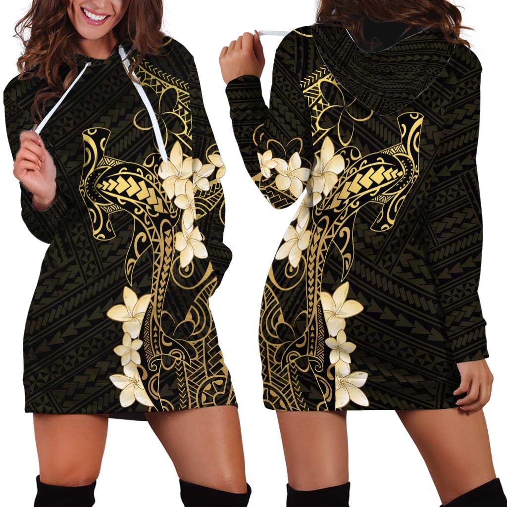 Black and Gold Hawaii Hoodie Dress Hammerhead Shark Tattoo Curve Polynesian - Polynesian Pride