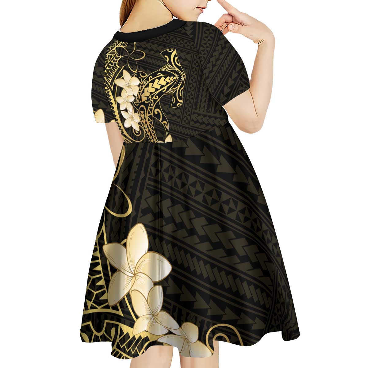 Black and Gold Hawaii Kid Short Sleeve Dress Hammerhead Shark Tattoo Curve Polynesian - Polynesian Pride
