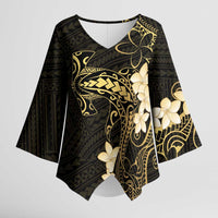 Black and Gold Hawaii Kimono Sleeve Blouse Hammerhead Shark Tattoo Curve Polynesian - Polynesian Pride