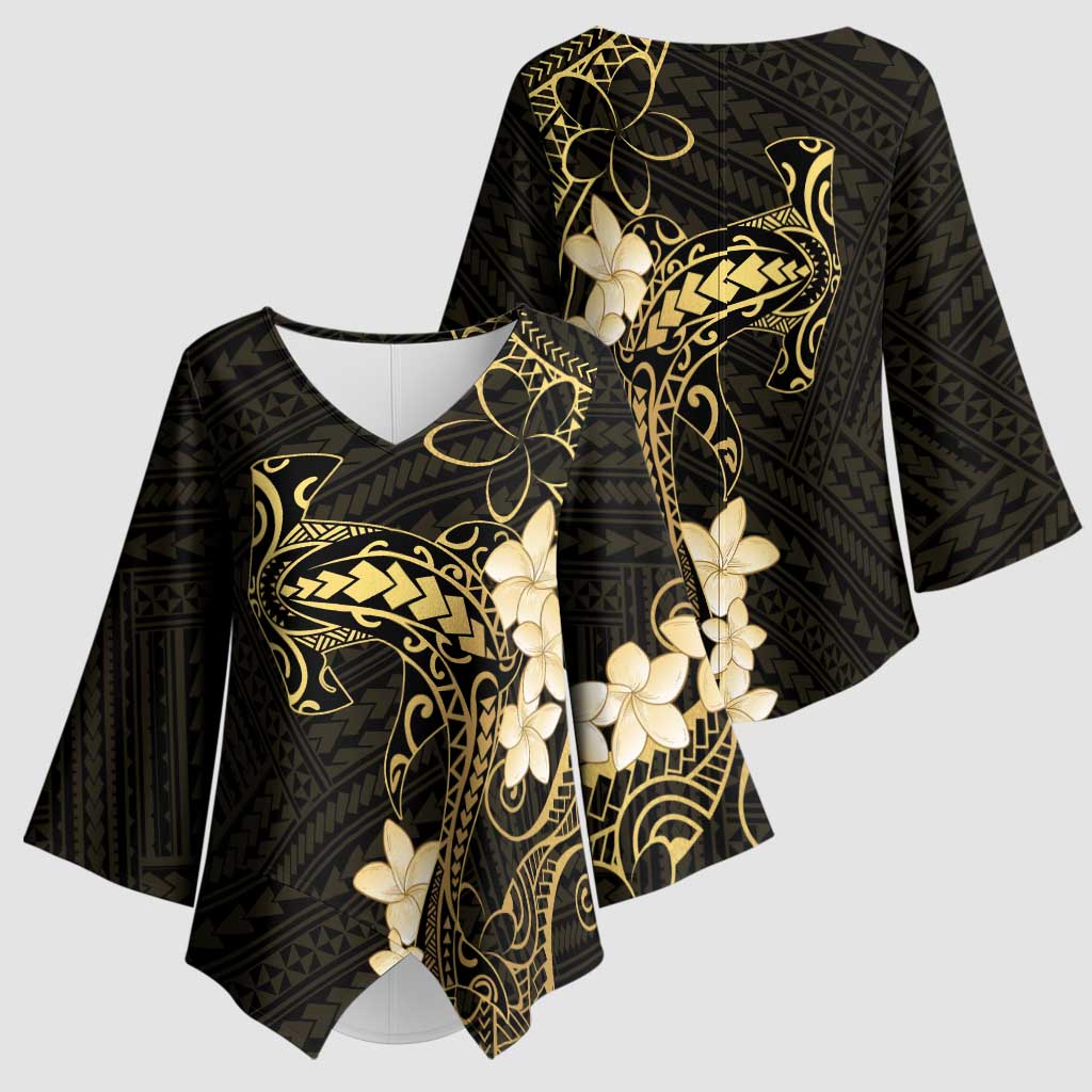 Black and Gold Hawaii Kimono Sleeve Blouse Hammerhead Shark Tattoo Curve Polynesian - Polynesian Pride