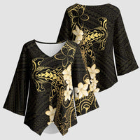 Black and Gold Hawaii Kimono Sleeve Blouse Hammerhead Shark Tattoo Curve Polynesian - Polynesian Pride