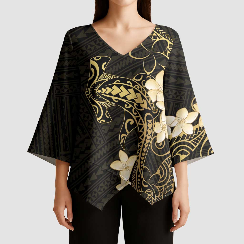 Black and Gold Hawaii Kimono Sleeve Blouse Hammerhead Shark Tattoo Curve Polynesian - Polynesian Pride