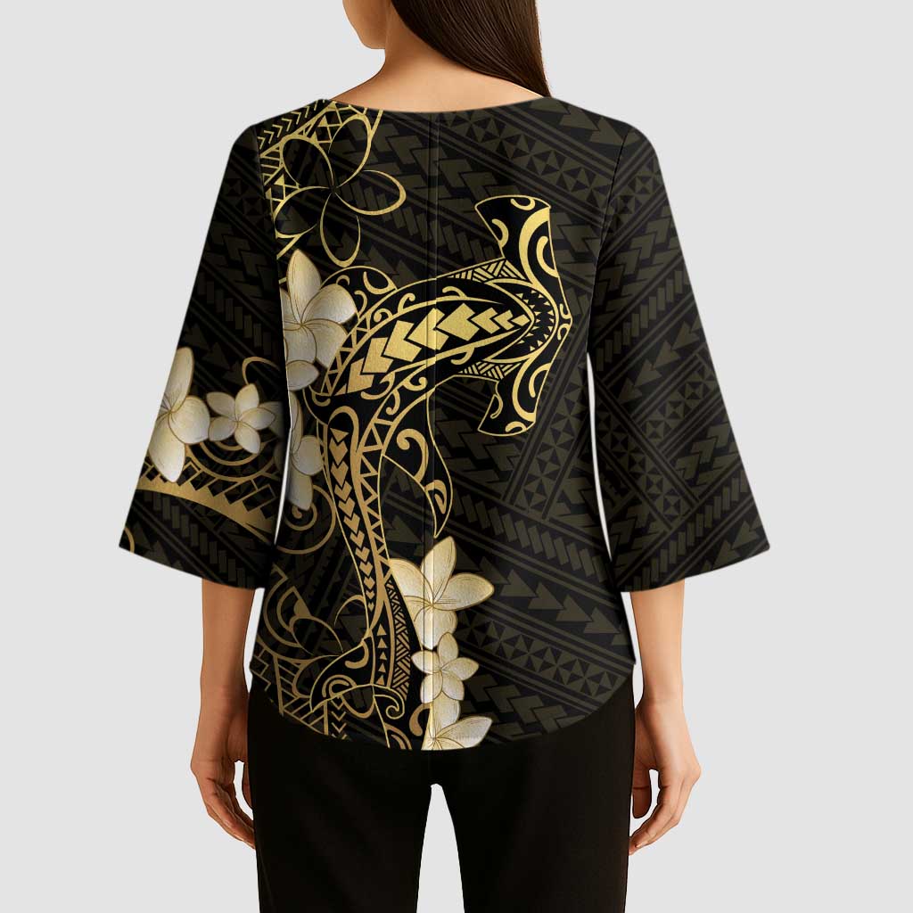 Black and Gold Hawaii Kimono Sleeve Blouse Hammerhead Shark Tattoo Curve Polynesian - Polynesian Pride