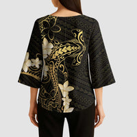 Black and Gold Hawaii Kimono Sleeve Blouse Hammerhead Shark Tattoo Curve Polynesian - Polynesian Pride