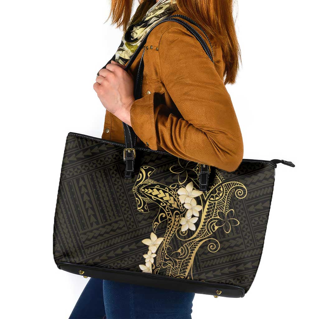 Black and Gold Hawaii Leather Tote Bag Hammerhead Shark Tattoo Curve Polynesian - Polynesian Pride