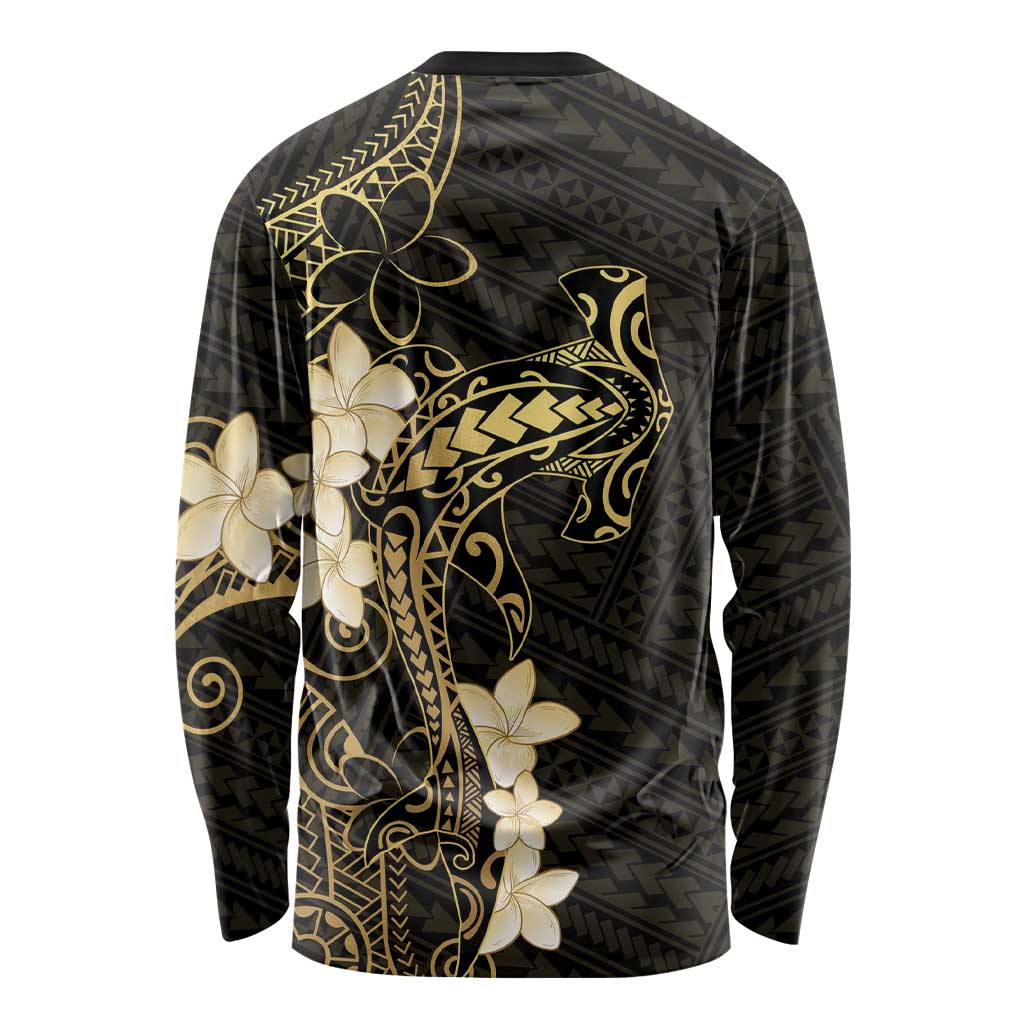 Black and Gold Hawaii Long Sleeve Shirt Hammerhead Shark Tattoo Curve Polynesian - Polynesian Pride