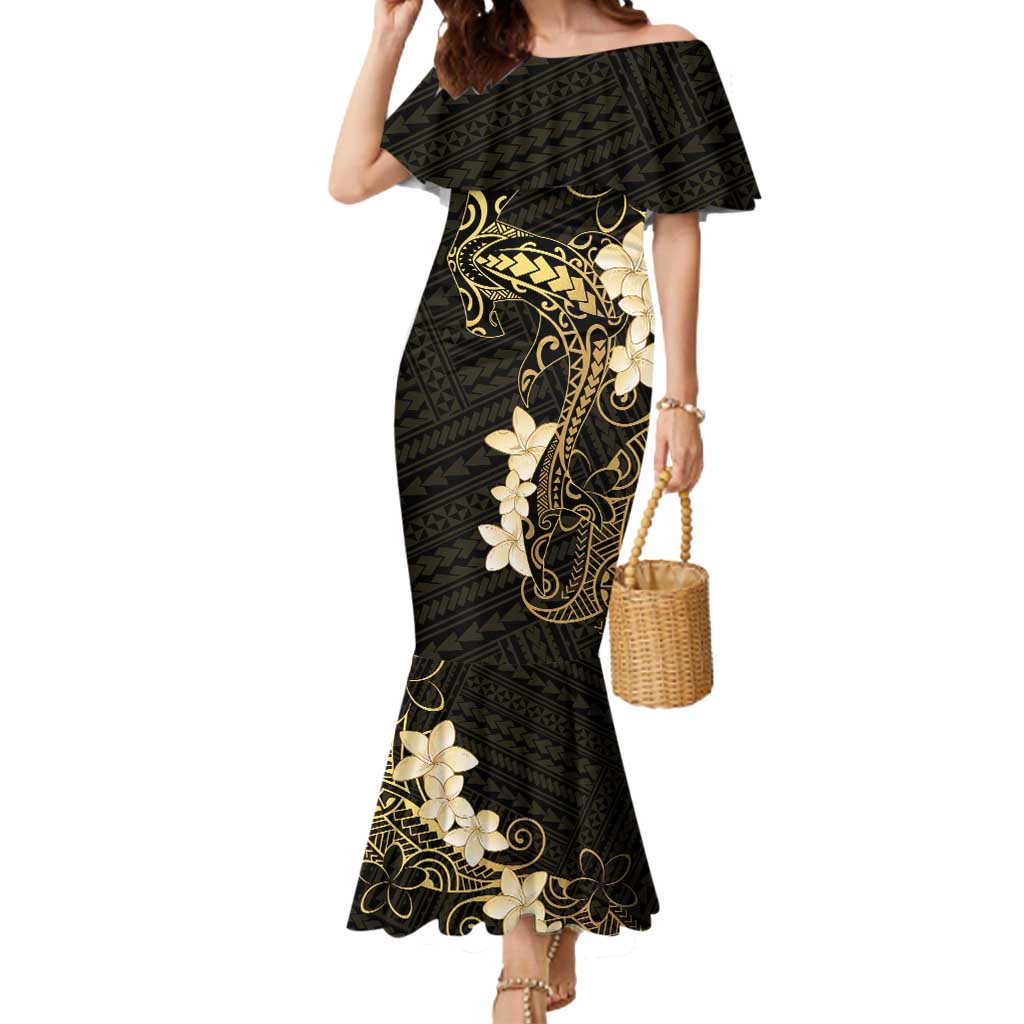 Black and Gold Hawaii Mermaid Dress Hammerhead Shark Tattoo Curve Polynesian - Polynesian Pride