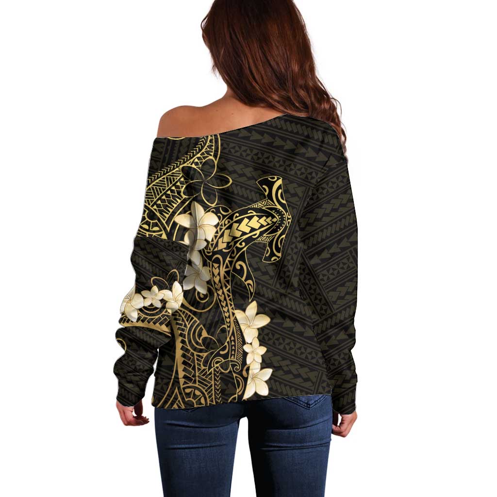 Black and Gold Hawaii Off Shoulder Sweater Hammerhead Shark Tattoo Curve Polynesian - Polynesian Pride