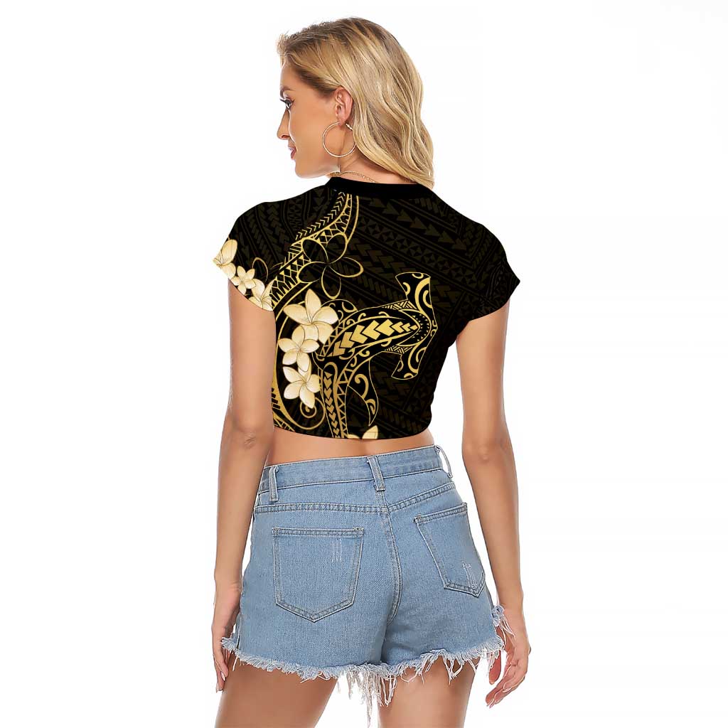 Black and Gold Hawaii Raglan Cropped T Shirt Hammerhead Shark Tattoo Curve Polynesian - Polynesian Pride