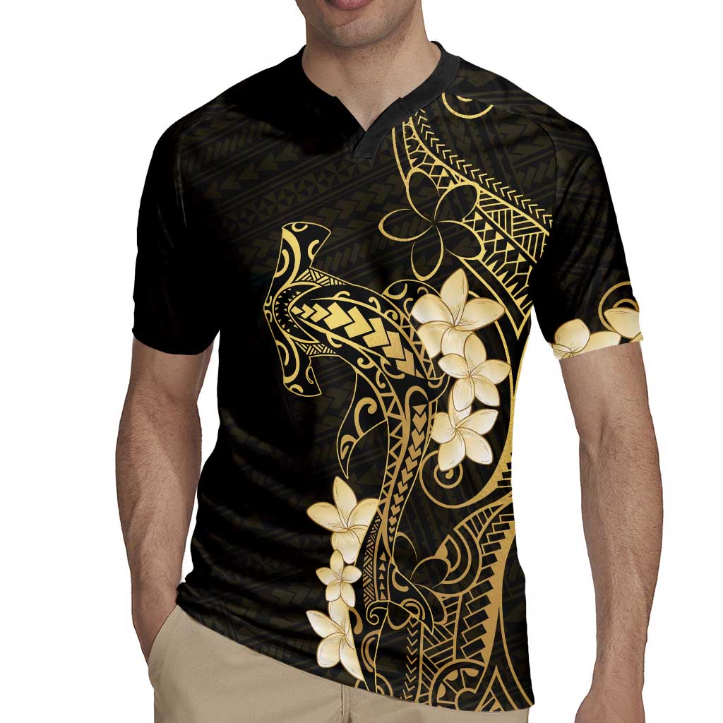 Black and Gold Hawaii Rugby Jersey Hammerhead Shark Tattoo Curve Polynesian - Polynesian Pride