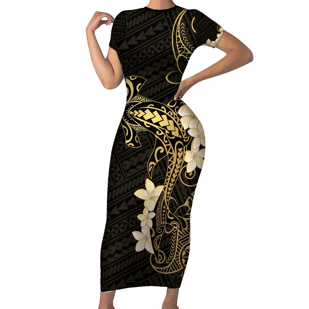 Black and Gold Hawaii Short Sleeve Bodycon Dress Hammerhead Shark Tattoo Curve Polynesian - Polynesian Pride