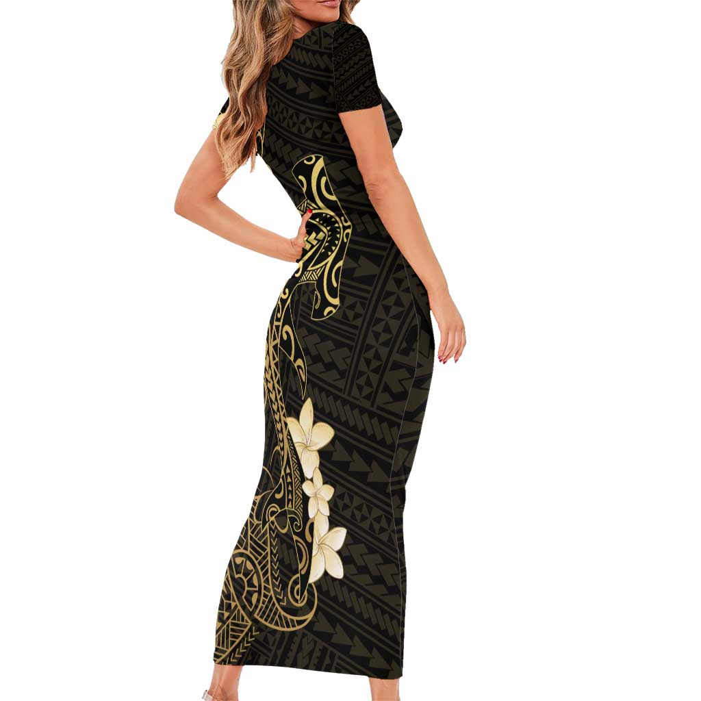 Black and Gold Hawaii Short Sleeve Bodycon Dress Hammerhead Shark Tattoo Curve Polynesian - Polynesian Pride